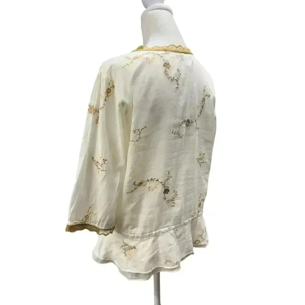 Feminine Light Cotton Deep V Short Sleeve Embroidered Button Closure Scalloped - Picture 6 of 15